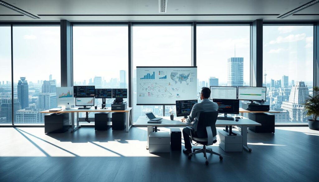 Prompt A high-resolution image of a modern office space with a large desk and multiple computer screens displaying charts, graphs, and analytics dashboards. The room is brightly lit with a combination of natural and artificial lighting, creating a clean and professional atmosphere. In the foreground, a person is sitting at the desk, intently analyzing the data on the screens. The middle ground features a whiteboard or bulletin board covered in sticky notes, sketches, and other campaign planning materials. The background showcases floor-to-ceiling windows, providing a panoramic view of a bustling city skyline. The overall scene conveys a sense of strategic planning, data-driven decision-making, and the importance of collecting and interpreting campaign-relevant information.